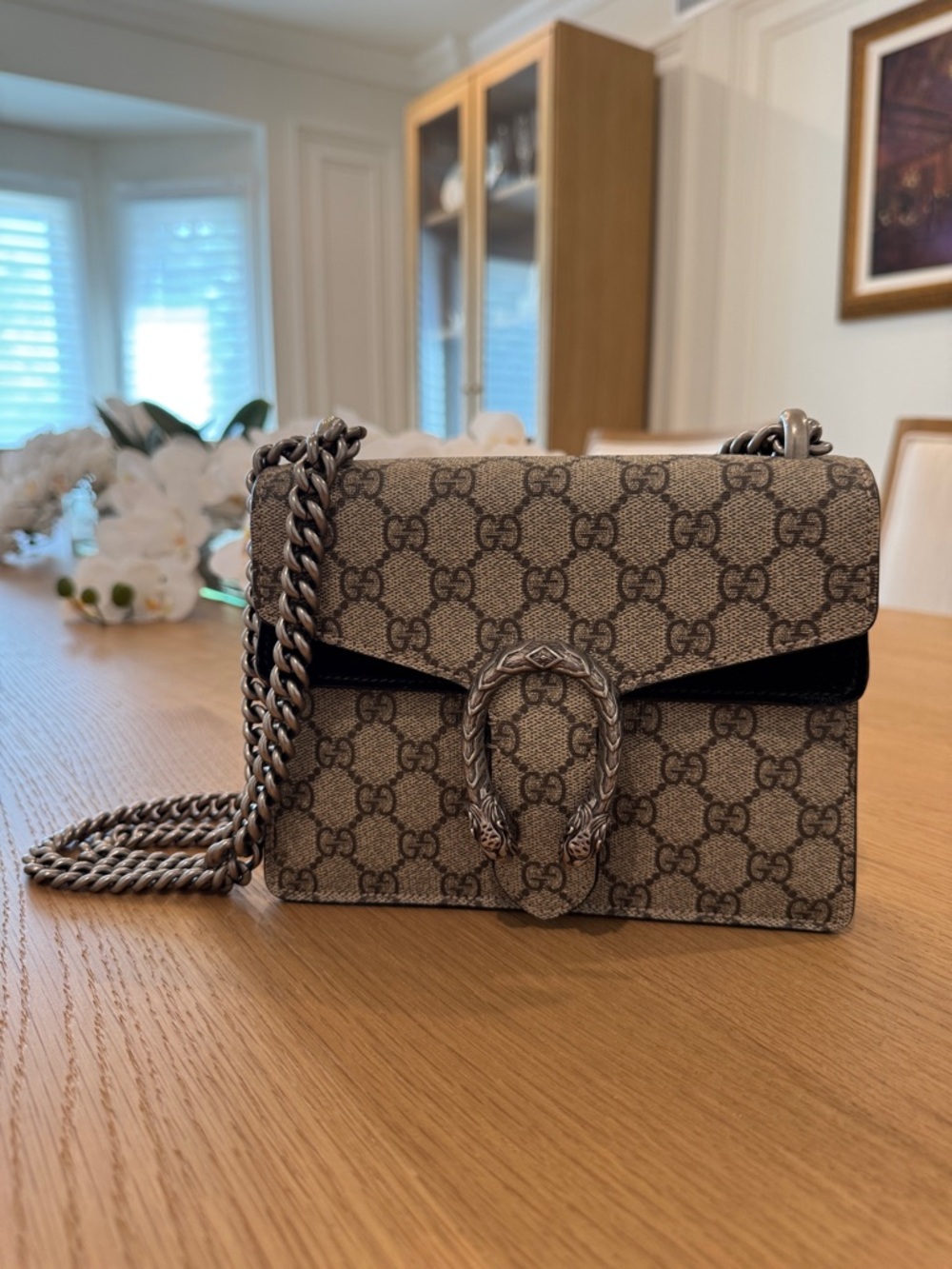 Gucci Beige GG Supreme Dionysus Crossbody with Silver Chain